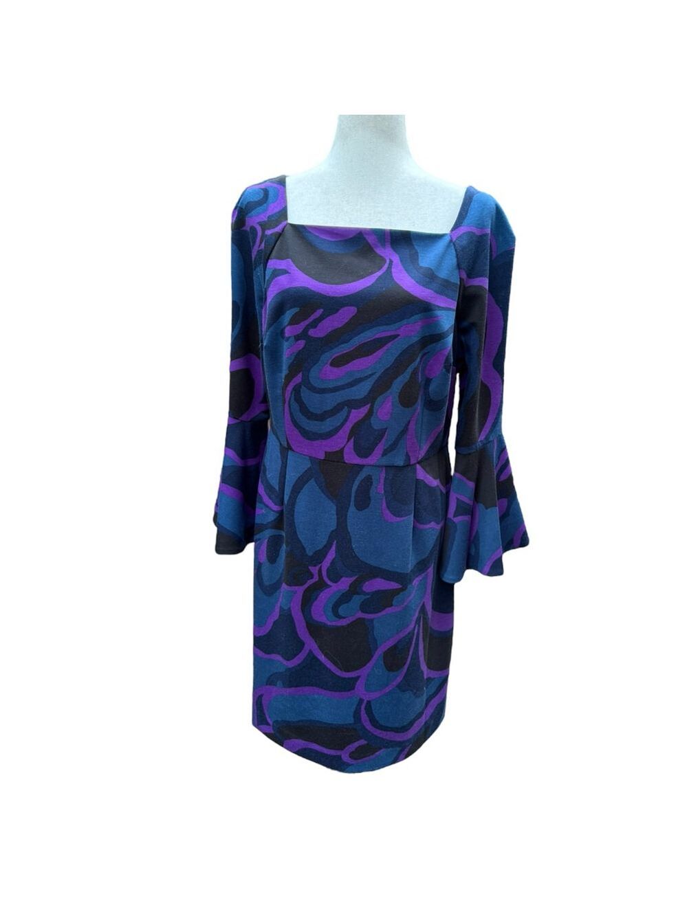 Trina Turk Size 14 Bell Sleeve Dress | Purple & Blue Swirl Geometric Mod Print - Picture 2 of 11